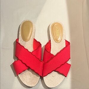 J. Crew Red Ruffle Crossband Espadrille Slides